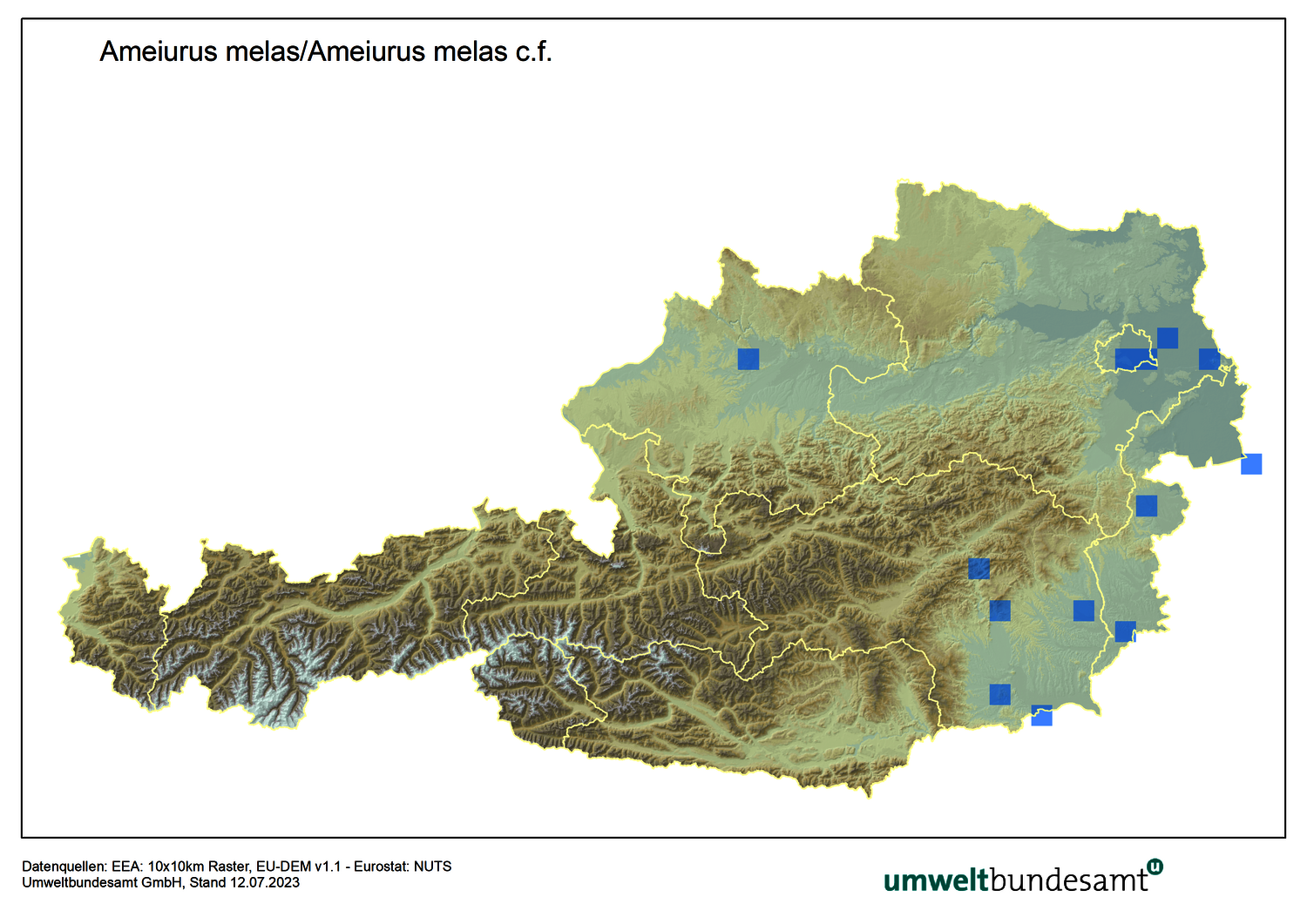 Die Karte zeigt die Verbreitung des Schwarzen Katzenwels in Österreich. 